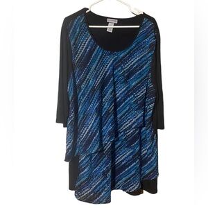 Catherines Asymmetrical Tunic Top Women’s 1X Blue Black Layered 3/4 Sleeve Comfy
